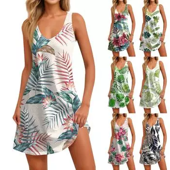 Женские повседневные летние платья-майки с карманами, принтом листьев и цветов, платья без рукавов с V-образным вырезом L бежевый