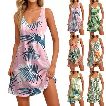 Женские повседневные летние платья-майки с карманами, принтом листьев и цветов, платья без рукавов с V-образным вырезом XXL розовый