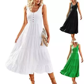 Женские повседневные летние платья, однотонные платья-майки без рукавов, расклешенные сарафаны миди, длинные L чёрный