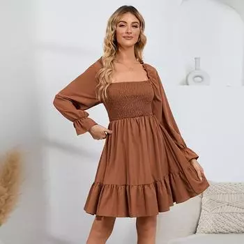 Женские повседневные летние платья с длинным рукавом, весеннее лоскутное бохо-цветочное коктейльное платье для вечеринки L верблюд