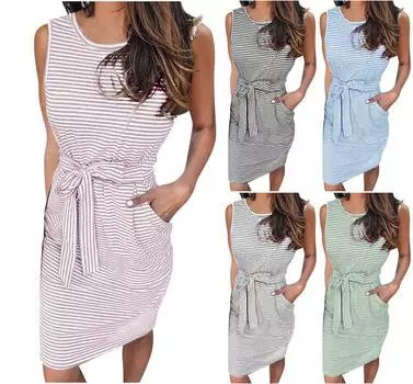 Женские повседневные летние платья с круглым вырезом, полосатое платье с принтом, платье без рукавов с карманом и галстуком XXL серый