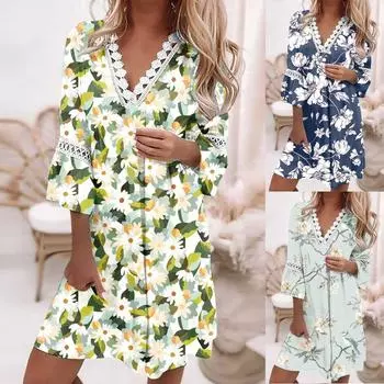 Женские повседневные летние платья с рукавами 3/4, туника, повседневное платье-миди с кружевным принтом и v-образным вырезом XXL синий