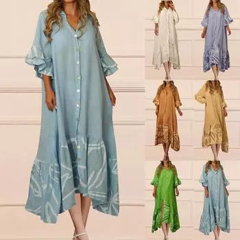 Женские повседневные летние платья с рукавами 3/4, весеннее лоскутное платье макси с цветочным принтом в стиле бохо и рюшами L оранжевый