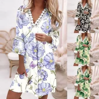 Женские повседневные летние платья с рукавами 3/4, туника, повседневное свободное платье с v-образным вырезом и принтом, кружевное платье-миди с v-образным вырезом XXL чёрный