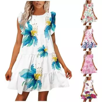 Женские повседневные летние платья с рюшами и круглым вырезом с коротким рукавом M зелёный