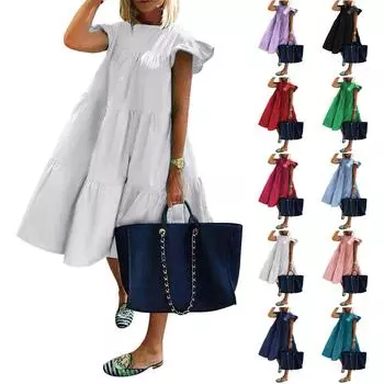 Женские повседневные летние платья с рюшами и круглым вырезом с коротким рукавом XXL тёмно-синий