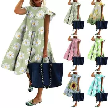 Женские повседневные летние платья с рюшами и круглым вырезом с коротким рукавом L