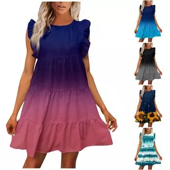 Женские повседневные летние платья с рюшами и круглым вырезом с коротким рукавом L