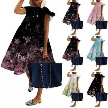 Женские повседневные летние платья с рюшами и круглым вырезом с коротким рукавом L чёрный