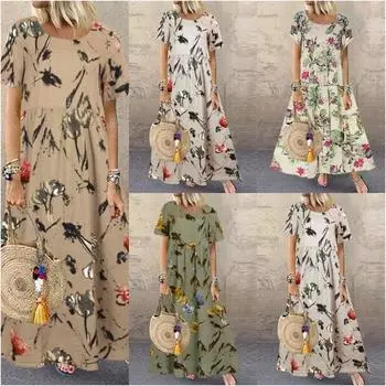 Женские повседневные летние повседневные летние платья с круглым вырезом и круглым вырезом с винтажным принтом из тонкого хлопка S оранжевый