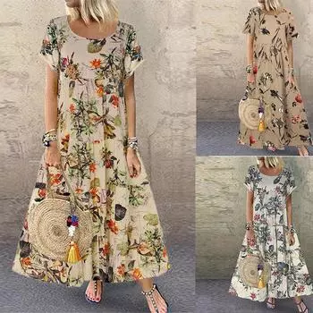 Женские повседневные летние повседневные летние платья с круглым вырезом и круглым вырезом с винтажным принтом из тонкого хлопка S