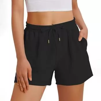 Женские повседневные летние спортивные шорты с эластичной талией, удобные повседневные шорты с карманами L чёрный