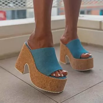 Женские повседневные летние тапочки на высоком каблуке 12 см с открытым носком и открытой платформой (Большой размер) EU 35 синий/джинсовый