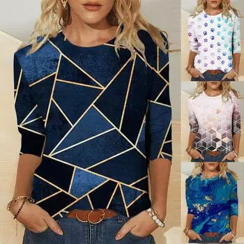 Женские повседневные летние топы с круглым вырезом и принтом, футболка с рукавом три четверти и круглым вырезом, блузка с цветочным принтом и разрезом по бокам, туника XXS