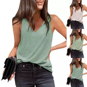 Женские повседневные летние топы с V-образным вырезом, рубашки без рукавов в горошек, сексуальные топы для выхода, свободная футболка L чёрный