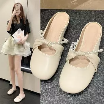 Женские повседневные лоферы с открытой спиной на плоской подошве, шлепанцы с квадратным закрытым носком и ремешком на плоской подошве Мэри Джейн, без шнуровки, балетки, сандалии на плоской подошве для женщин, модельные туфли 35 абрикосовый