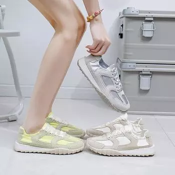 Женские повседневные лоскутные кроссовки, летние нескользящие дышащие удобные прогулочные туфли на шнуровке, легкие кроссовки для тенниса для женщин 35 бежевый