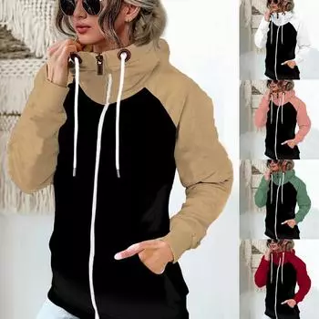 Женские повседневные лоскутные толстовки, осенне-зимняя водолазка на молнии, толстовка с завязками, флисовые куртки S красный