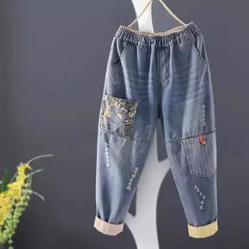 Женские повседневные мешковатые джинсы, модные винтажные лоскутные уличные брюки, свободные универсальные шаровары 2XL синий