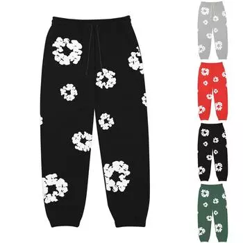 Женские повседневные мешковатые спортивные штаны с кулиской и высокой талией с принтом и карманами L чёрный