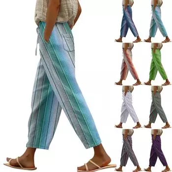 Женские повседневные модные эластичные повседневные брюки с полосатым принтом L армия зеленый