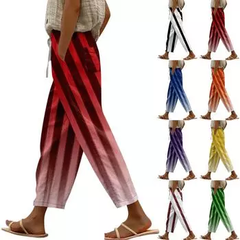 Женские повседневные модные эластичные повседневные брюки с полосатым принтом L чёрный