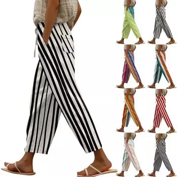 Женские повседневные модные эластичные повседневные брюки с полосатым принтом L бежевый