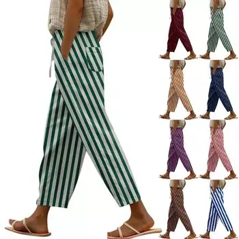 Женские повседневные модные эластичные повседневные брюки с полосатым принтом L верблюд