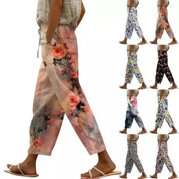 Женские повседневные модные эластичные повседневные брюки с цветочным принтом L чёрный