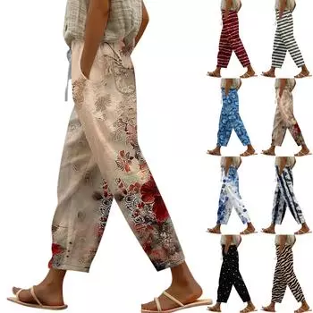 Женские повседневные модные эластичные повседневные брюки с цветочным принтом L бежевый