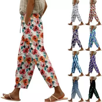 Женские повседневные модные эластичные повседневные брюки с цветочным принтом L бежевый