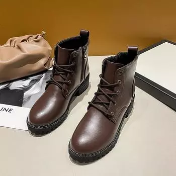 Женские повседневные модные ботинки на квадратном каблуке с боковой молнией, перекрестными ремешками и круглым носком на плоской подошве для женщин 35