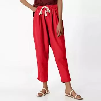 Женские повседневные модные брюки 9/10 с эластичным поясом и шнурком, однотонные брюки XXXL красный