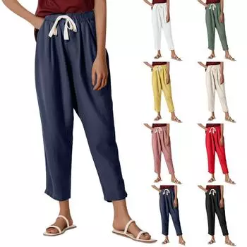 Женские повседневные модные брюки 9/10 с эластичным поясом и шнурком, однотонные брюки L армия зеленый