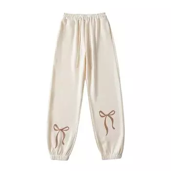 Женские повседневные модные брюки для отдыха с принтом бантов, спортивные брюки, брюки с эластичной талией на шнурке, брюки с завязками на шнурке L бежевый