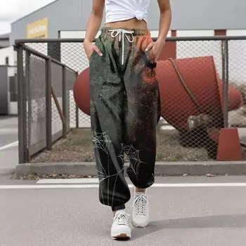 Женские повседневные модные брюки для отдыха с принтом на Хэллоуин, спортивные штаны, брюки с эластичной резинкой на талии, брюки со шнурком L