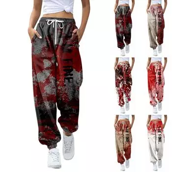 Женские повседневные модные брюки для отдыха с принтом на Хэллоуин, спортивные штаны, брюки с эластичной резинкой на талии, брюки со шнурком XXXL киноварь