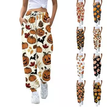 Женские повседневные модные брюки для отдыха с принтом на Хэллоуин, спортивные штаны, брюки с эластичной резинкой на талии, брюки со шнурком XXL оранжевый