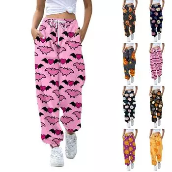 Женские повседневные модные брюки для отдыха с принтом на Хэллоуин, спортивные штаны, брюки с эластичной резинкой на талии, брюки со шнурком S оранжевый