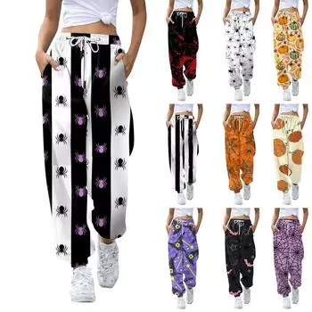 Женские повседневные модные брюки для отдыха с принтом на Хэллоуин, спортивные штаны, брюки с эластичной резинкой на талии, брюки со шнурком XXXL красный