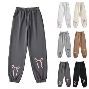 Женские повседневные модные брюки для отдыха с принтом бантов, спортивные брюки, брюки с эластичной талией на шнурке, брюки с завязками на шнурке L бежевый