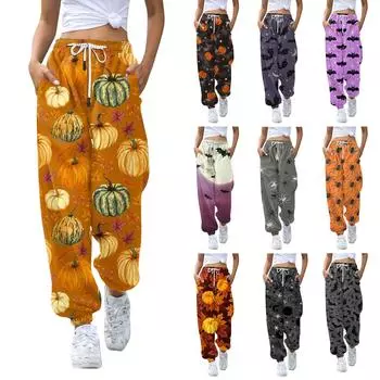 Женские повседневные модные брюки для отдыха с принтом на Хэллоуин, спортивные штаны, брюки с эластичной резинкой на талии, брюки со шнурком XL серый