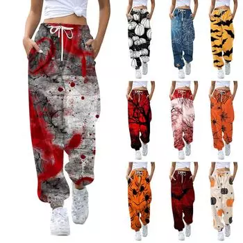 Женские повседневные модные брюки для отдыха с принтом на Хэллоуин, спортивные штаны, брюки с эластичной резинкой на талии, брюки со шнурком XXL серый