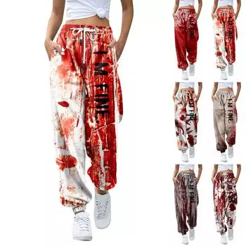 Женские повседневные модные брюки для отдыха с принтом на Хэллоуин, спортивные штаны, брюки с эластичной резинкой на талии, брюки со шнурком L
