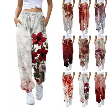 Женские повседневные модные брюки для отдыха с принтом на Хэллоуин, спортивные штаны, брюки с эластичной резинкой на талии, брюки со шнурком XL киноварь