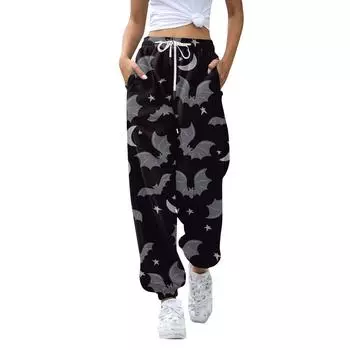 Женские повседневные модные брюки для отдыха с принтом на Хэллоуин, спортивные штаны, брюки с эластичной резинкой на талии, брюки со шнурком L чёрный