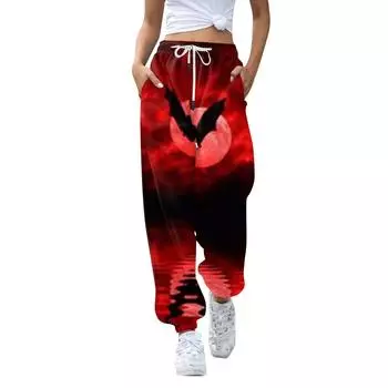 Женские повседневные модные брюки для отдыха с принтом на Хэллоуин, спортивные штаны, брюки с эластичной резинкой на талии, брюки со шнурком L