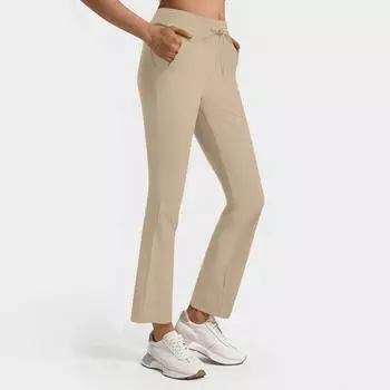 Женские повседневные модные брюки однотонные с высокой талией и завязками на шнурке L бежевый
