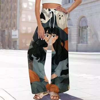 Женские повседневные модные брюки прямого кроя с широкими штанинами, эластичной талией на кулиске, карманами и принтом на Хэллоуин L тёмно-синий