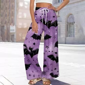 Женские повседневные модные брюки прямого кроя с широкими штанинами, эластичной талией на кулиске, карманами и принтом на Хэллоуин S